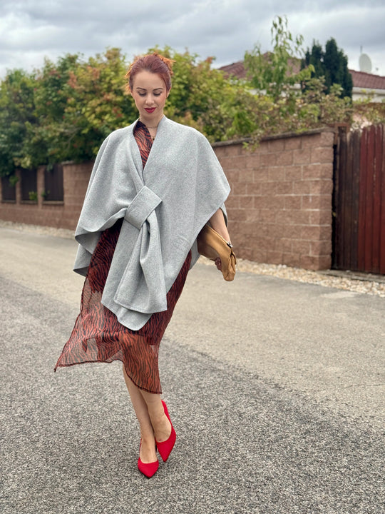 Customer wearing the warm poncho