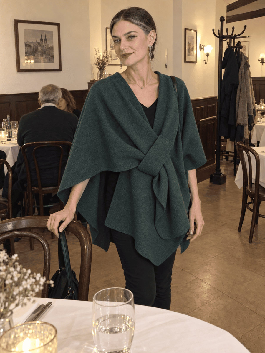 Customer wearing the warm poncho