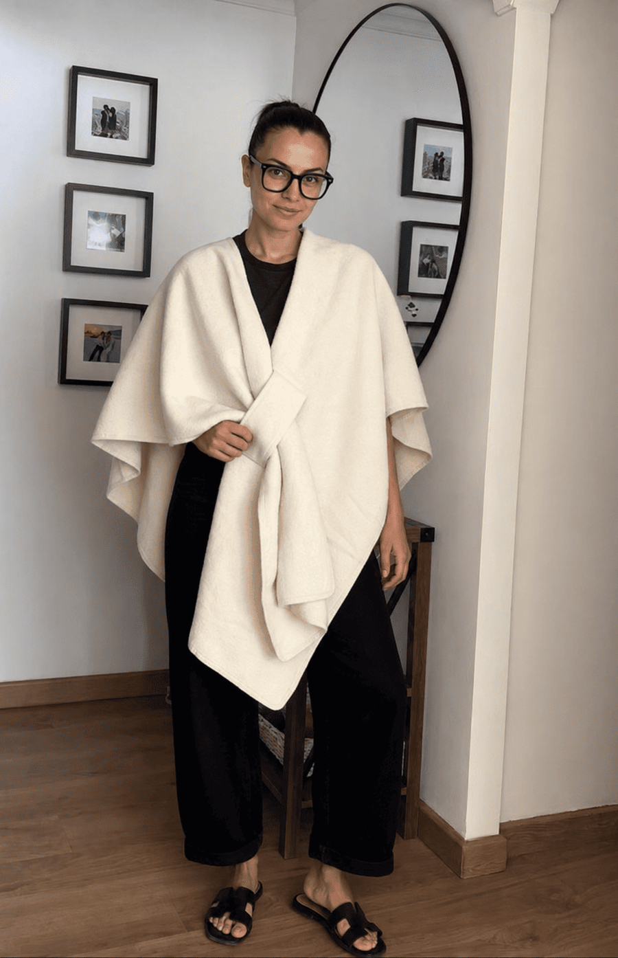 Customer wearing the warm poncho